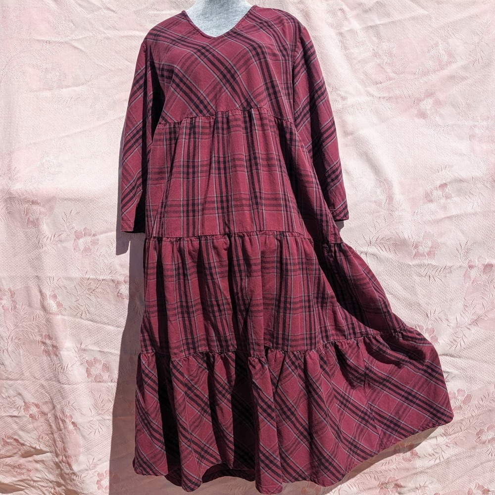 Vermont Country Store Dress M Plaid Tiered Cotton Midi Cottagecore Modest V Neck - Picture 3 of 16